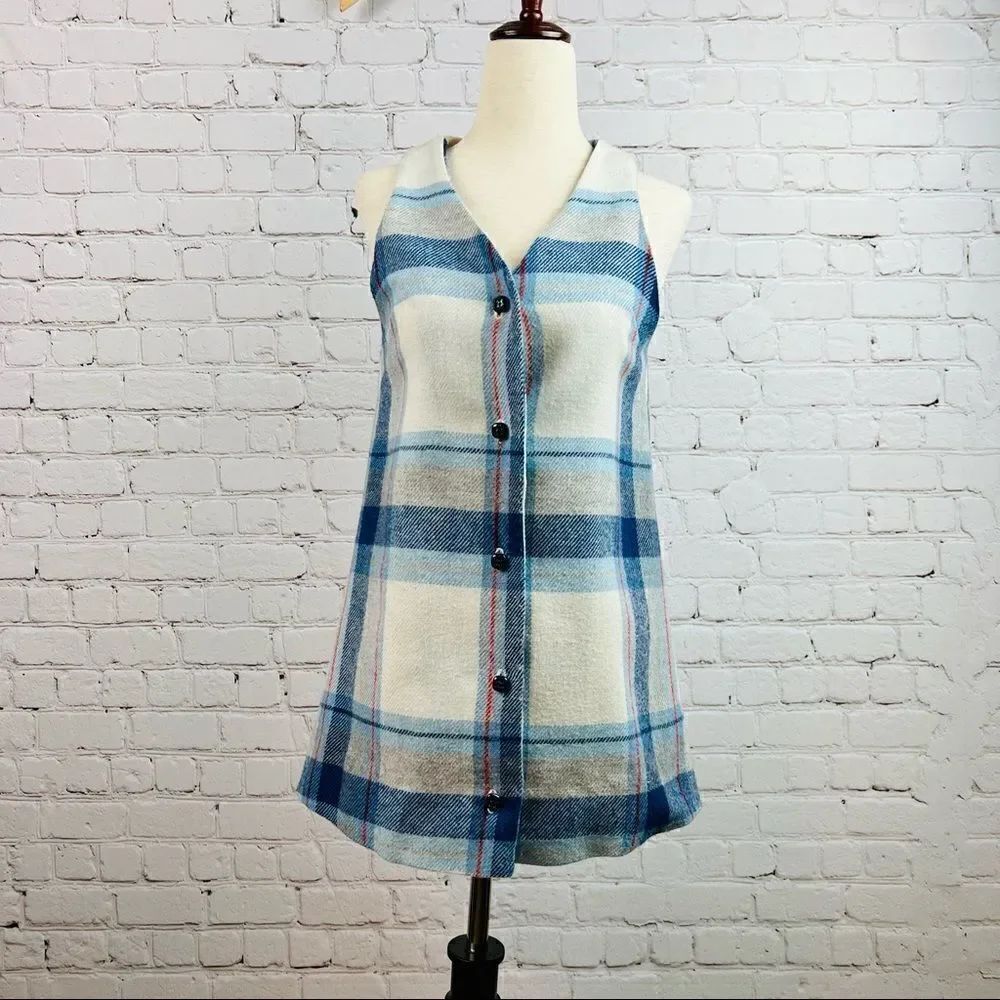 Vintage 60s Handmade Blue Flannel Wool Plaid Button Front Vest